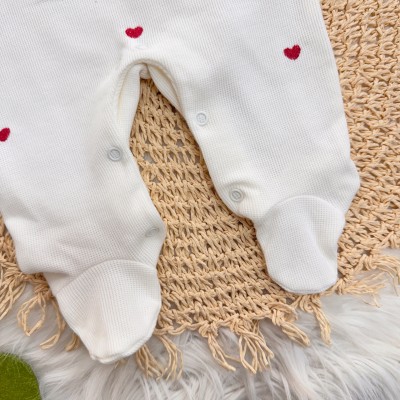  Macacão Tricotil (Tricot 100% Algodão) com Gola e Bordado - Off White Corações 